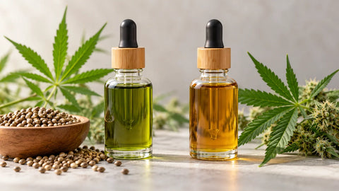 Frascos de aceite de semillas de cáñamo verde y aceite de CBD ámbar