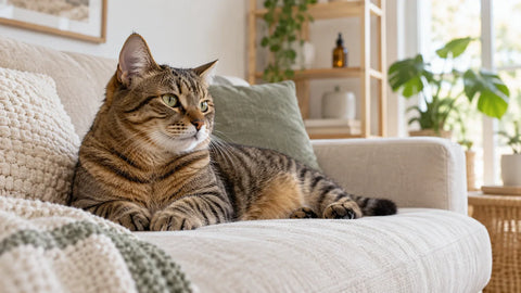 Gato atigrado descansando en un sofá en un hogar luminoso